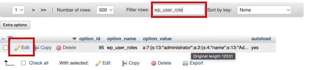 در قسمت Filter rows عبارت wp_user_role را جستجو کنید
